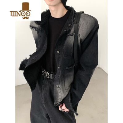 YANXU做旧毛边牛仔外套男设计感小众宽松休闲夹克美式炸街休闲渐变上衣
