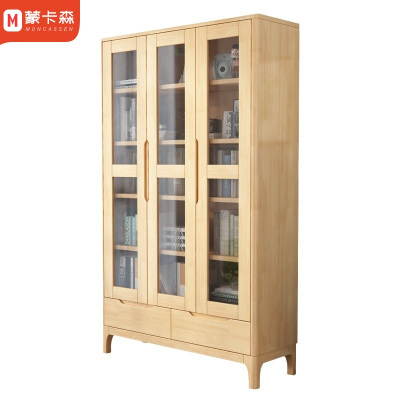 蒙卡森 MONCASSEN 北欧实木置物柜原木色书柜三门玻璃储物柜/个