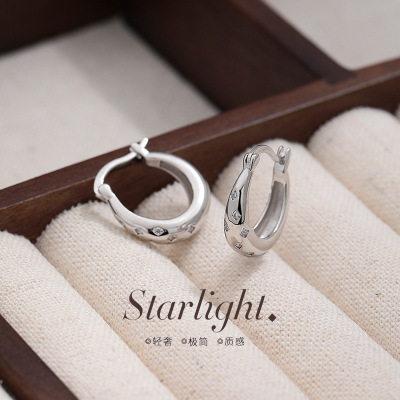 足银S999六星芒闪钻水滴耳圈冷淡风素圈耳钉法式风情纯银耳饰批发送女朋友老婆情人节七夕生日礼物