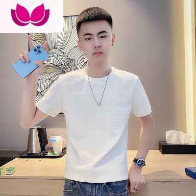 七斓2022夏季字母白色网红短袖T恤男社会精小伙痞帅修身百搭上衣ins