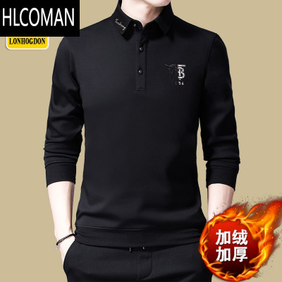 HLCOMANt恤男长袖加绒带领Polo衫男士p暖上衣服加厚款卫衣打底衫T