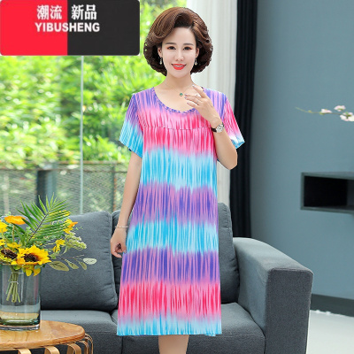 YIBUSHENG中老年妈妈装连衣裙子2024新款女季装中长款大码洋气短袖显瘦女