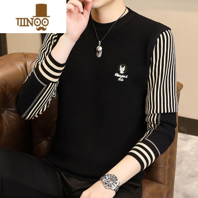 YANXU圆领刺绣毛衣男士潮牌个性长袖条纹针织衫男装时尚拼接打底衫