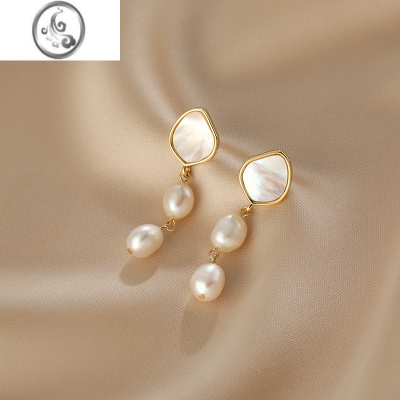 JiMi复古设计气质款不规则巴洛克耳坠新款简约珍珠耳环贝母耳饰女