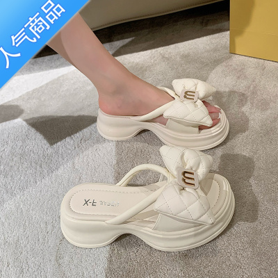 SUNTEK松糕底高跟时尚百搭凉拖鞋外穿2023夏季新款厚底蝴蝶结一字拖女鞋