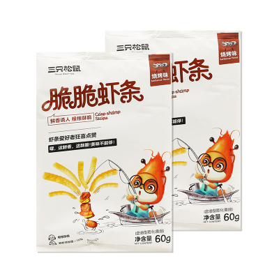 三只松鼠脆脆虾条烤肉味膨化零食休闲办公原味虾片60g*2袋