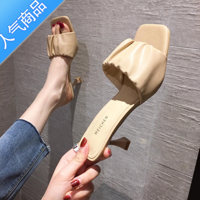 SUNTEK2023年夏季百搭新款一字时尚凉拖外穿出网红法式高跟鞋女细跟拖鞋