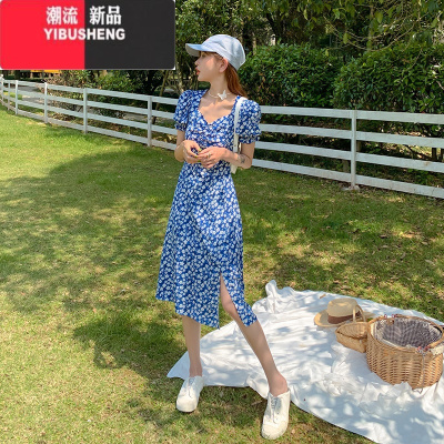 YIBUSHENG泡泡袖蓝色碎花连衣裙女2023新款法式设计感小众显瘦开叉裙子
