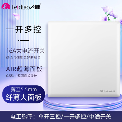 飞雕(FEIDIAO)开关插座86型家用商用 超大面板钢支架格韵系列电源墙壁开关面板 格韵优雅白一位多控开关
