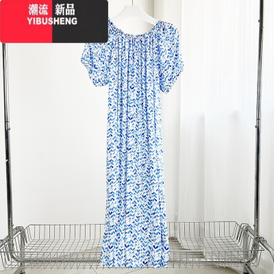 YIBUSHENG棉绸外穿连衣裙季宽松大码碎花长裙甜美遮肚人造棉胖mm连衣裙