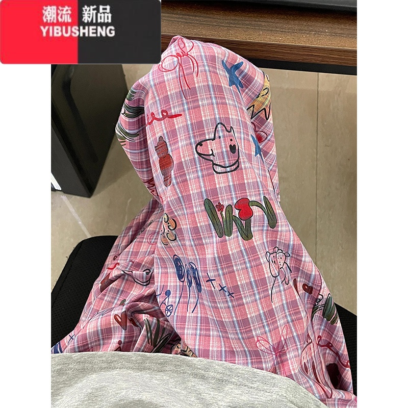 YIBUSHENG美式复古格纹涂鸦直筒裤女季新款高腰居家裤休闲裤可外穿遛弯裤