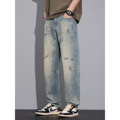 欧美风男士宽松直筒牛仔裤复古做旧潮牌裤子日常通勤高街百搭新款