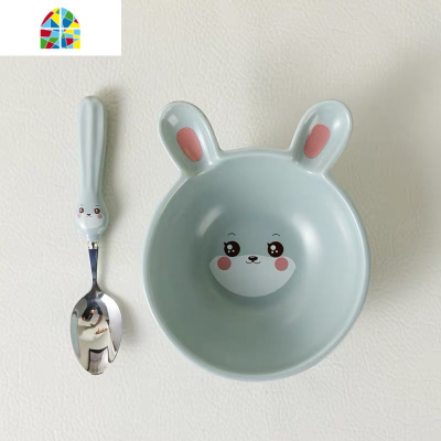 创意卡通陶瓷餐具可爱学生零食碗水果碗宝宝辅食碗吃饭碗带勺微波 FENGHOU 粉兔盘+碗+叉+勺+杯五件货