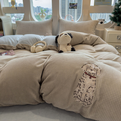 卡通小狗秋冬牛奶绒毛绒床上四件套加厚双面珊瑚绒被套保暖三件套