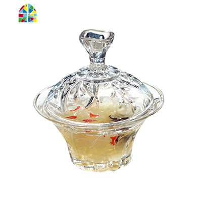 燕窝盅带盖玻璃碗餐具套碗透明家用中式碗碟套装 创意水果个性碗 FENGHOU 发财树(碗+盖)+金樱花勺+碟