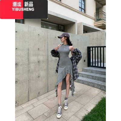 YIBUSHENG灰色荷叶边修身背心连衣裙女季气质无袖中长款开叉收腰包臀裙子