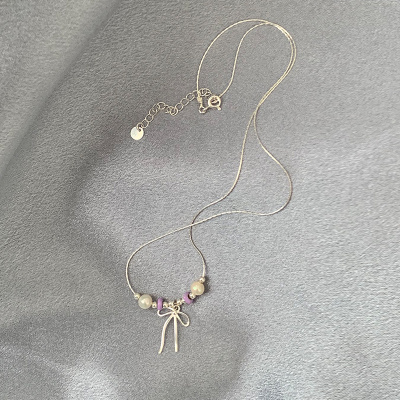 s925纯银紫色滴釉蝴蝶结珍珠项链气质温柔高级感锁骨链配饰女送女朋友老婆情人节七夕生日礼物