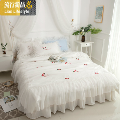 韩版棉4四件套蕾丝绣花被套花边棉床单床裙式1.8公主风少女心 三维工匠