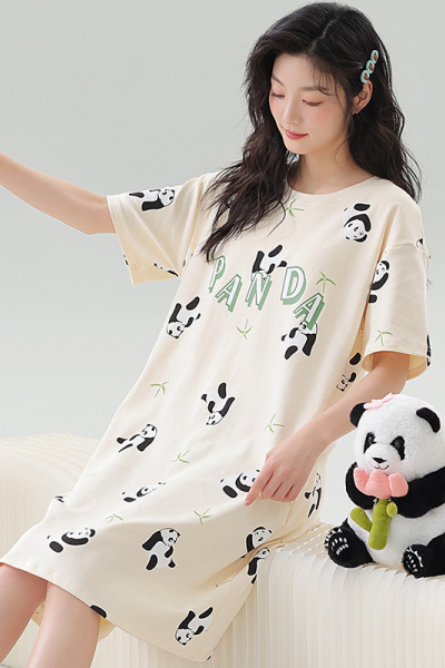 可爱短袖睡衣女士夏季棉质卡通少女睡裙中长款可外穿加大码家居服