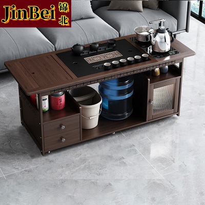 锦北 移动茶台家用竹木小茶桌烧水壶一体简约现代功夫茶几120长乌金石全自动+黑陶茶具