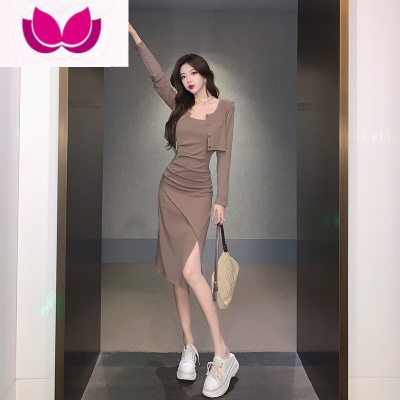 七斓性感纯欲风开叉吊带连衣裙套装女装2023新款短款开衫上衣套秋