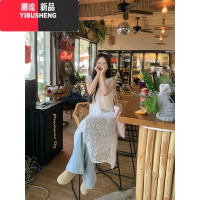YIBUSHENG韩系小众叠穿连衣裙女季新款蕾丝钩花高级感荷叶边不规则背心裙