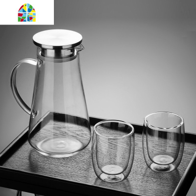家用冷水壶玻璃耐热防爆大容量水瓶套装凉水杯过滤泡茶壶花茶欧式 FENGHOU 1壶4杯[1800ml]加茶盘凉水壶