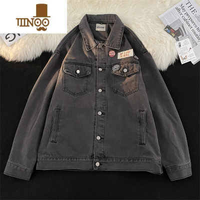 YANXU复古水洗做旧徽章牛仔外套男美式街头设计感工装夹克男秋季新款