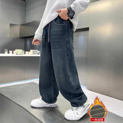 儿童装男童加绒裤子新款冬季大童秋冬款男孩加厚一体绒牛仔裤