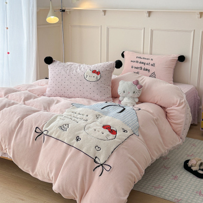 秋冬保暖毛球款牛奶绒四件套少女心珊瑚绒贴布绣被套法兰绒床单