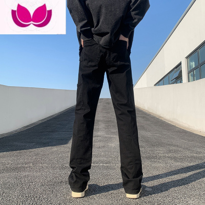 七斓弹力纯黑色牛仔裤男款美式vibe风裤子高街大码微喇修身工装直筒裤