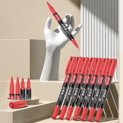 得力(deli)细杆双头0.5mm/1.2mm物流快递油性记号笔勾线笔会议签字笔马克笔红色12支/盒 S831