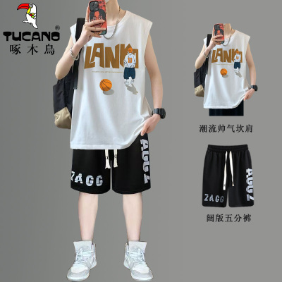 啄木鸟新款夏季纯棉背心坎肩男孩无袖T恤青少年学生潮流帅气套装