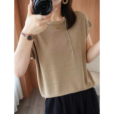 夏季冰丝扣子短袖T恤女圆领设计感修身连袖2025新款纯色舒适上衣
