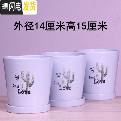 三维工匠欧式花盆陶瓷三个大中号简约创意家用绿植盆栽花盆带托盘 蓝仙人掌14厘米三个 中等花盆容器