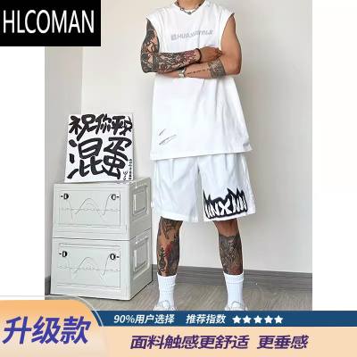 HLCOMAN美式篮球短裤男夏季粉色复古高街潮牌痞帅炸街运动五分裤宽松裤子