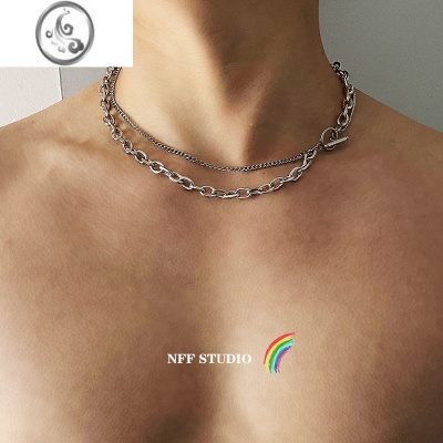 JiMiNFF古巴双层项链欧美嘻哈男女ins粗链百搭钛钢街头一字扣锁骨链潮