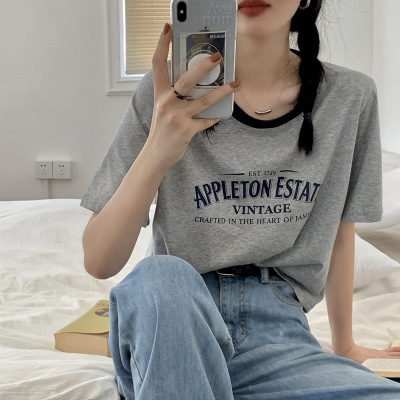 美式撞色圆领短袖T恤女休闲撞色夏季字母印花宽松短款复古上衣ins