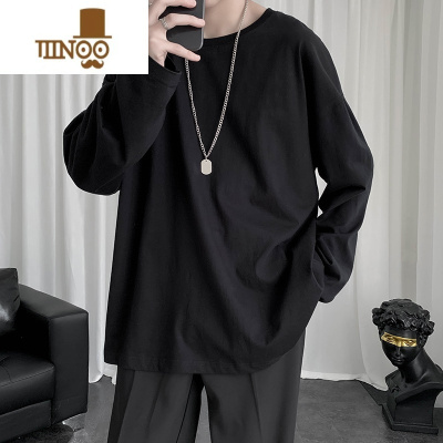 YANXU长袖t恤男韩版潮流百搭纯色体恤港风ins宽松简约圆领打底衫