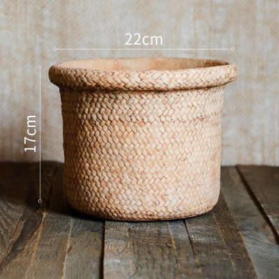 美帮汇水泥花器装饰花盆编质感盆栽桌面摆件多肉阳台创意花园 草编造型水泥花盆(C)底部已打孔 大