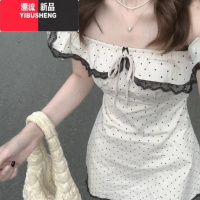 YIBUSHENG法式小飞袖波点连衣裙子女季新款一字肩日绝色短裙包臀裙