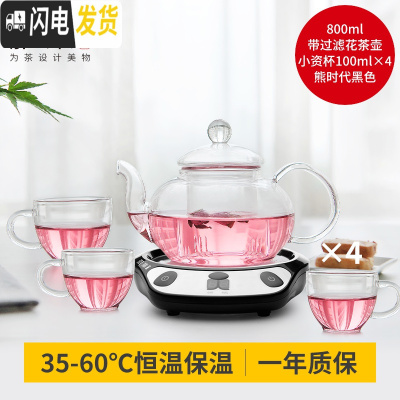三维工匠玻璃花茶壶茶具套装带透明耐热过滤保温壶恒温宝电热加热底座 圆壶800+熊时代黑色+4小资杯