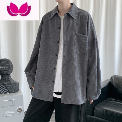 七斓灯芯绒衬衫男长袖港风潮流宽松休闲秋季衬衣纯色简约大码潮牌外套
