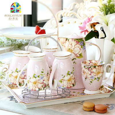 茶具杯子冷水壶套装杯具茶壶凉水喝水杯子客厅家用欧式轻奢 FENGHOU 粉黛佳人9件(6杯+1壶+1托盘+架子)凉水壶