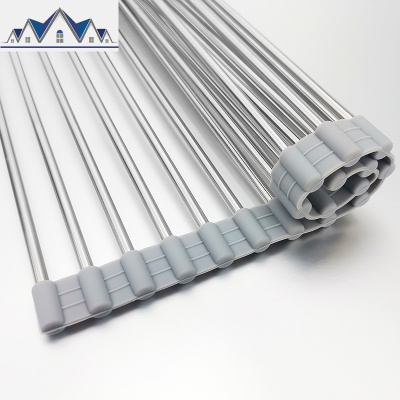 304不锈钢 厨房置物架水沥水架碗碟硅胶收纳水池卷帘折叠沥水架 三维工匠