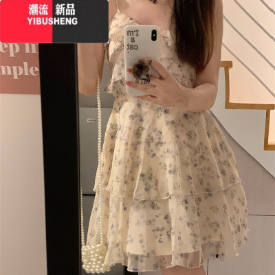 YIBUSHENG碎花吊带连衣裙季2024年新款气质显瘦设计感小众女装裙子雪纺