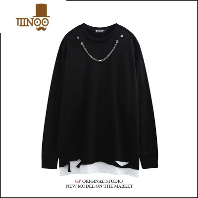 YANXU欧美街头暗黑系AW潮牌宽松破洞假薄款男女情侣无帽长袖卫衣潮