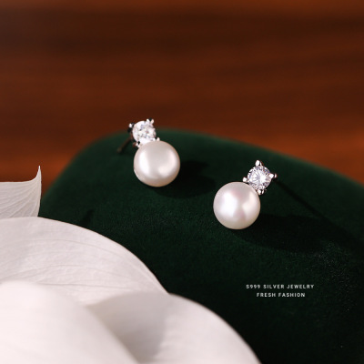 s999足银锆石淡水珍珠耳钉女法式复古轻奢气质小众高级感设计耳饰送女朋友老婆情人节七夕生日礼物