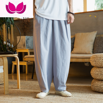 七斓中国风纯亚麻休闲长裤男士夏季薄款垂感棉麻阔腿加肥大码直筒裤潮