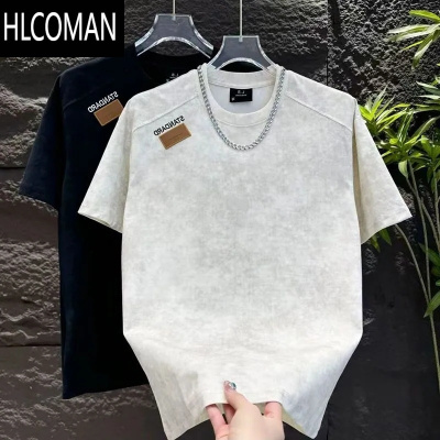 HLCOMAN2025夏季潮牌圆领套头半袖男士晕染拼接T恤高端气质刺绣短袖上衣